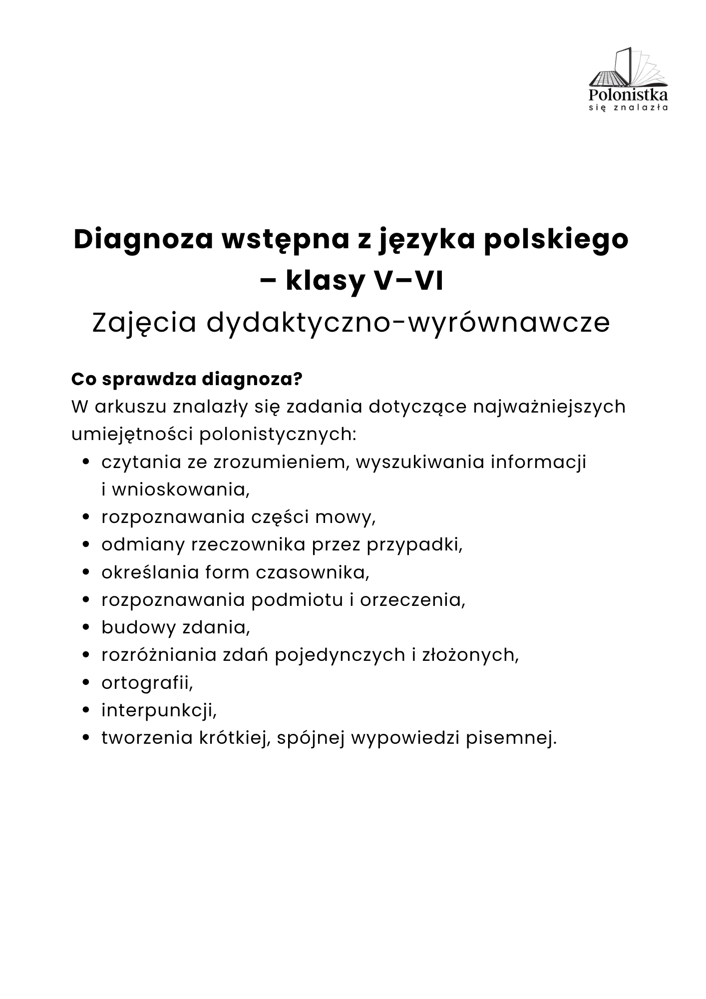 Diagnoza wstępna - ZDW - język polski - kl. V-VI