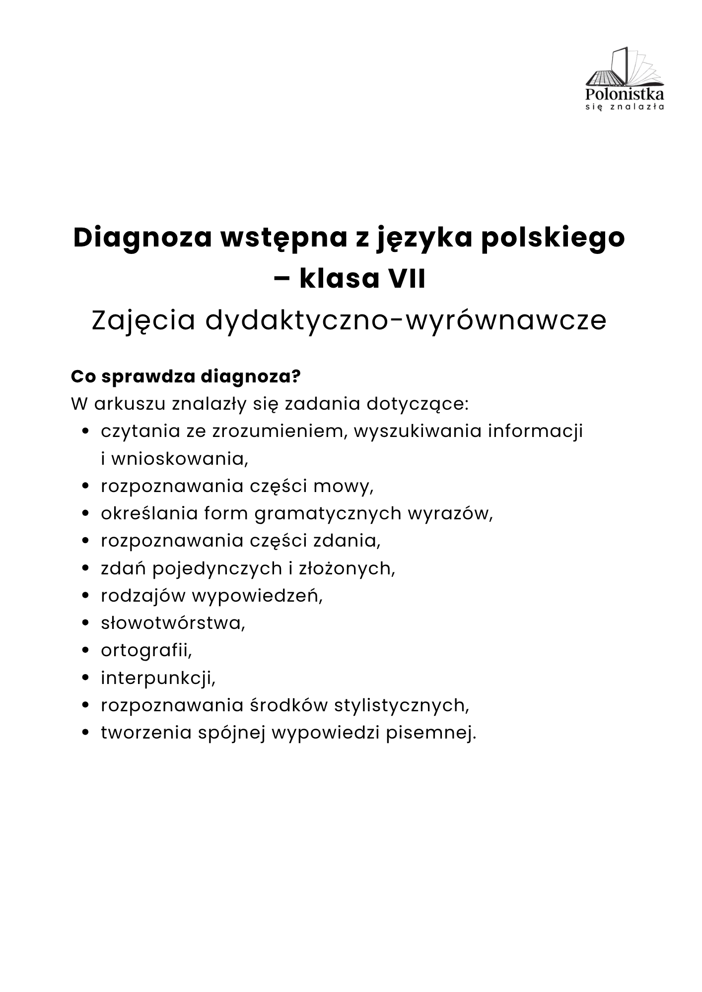 Diagnoza wstępna z języka polskiego – ZDW – klasa VII